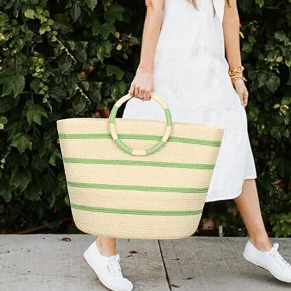 NEIMAN MARCUS Elegant Green Beach Straw Tote Bag - Picture 7 of 7